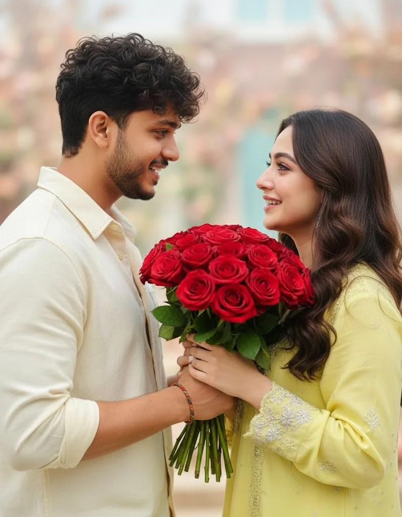 Wedding Anniversary AI Prompt-Romantic Rose Bouquet Moment – Emotional Close-Up