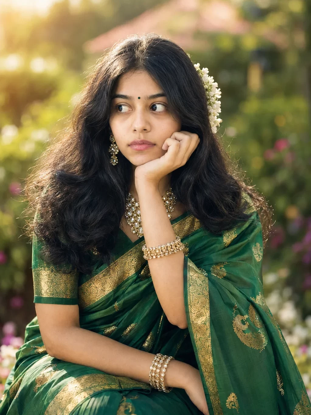 Instagram Girl AI Prompts-Green Saree